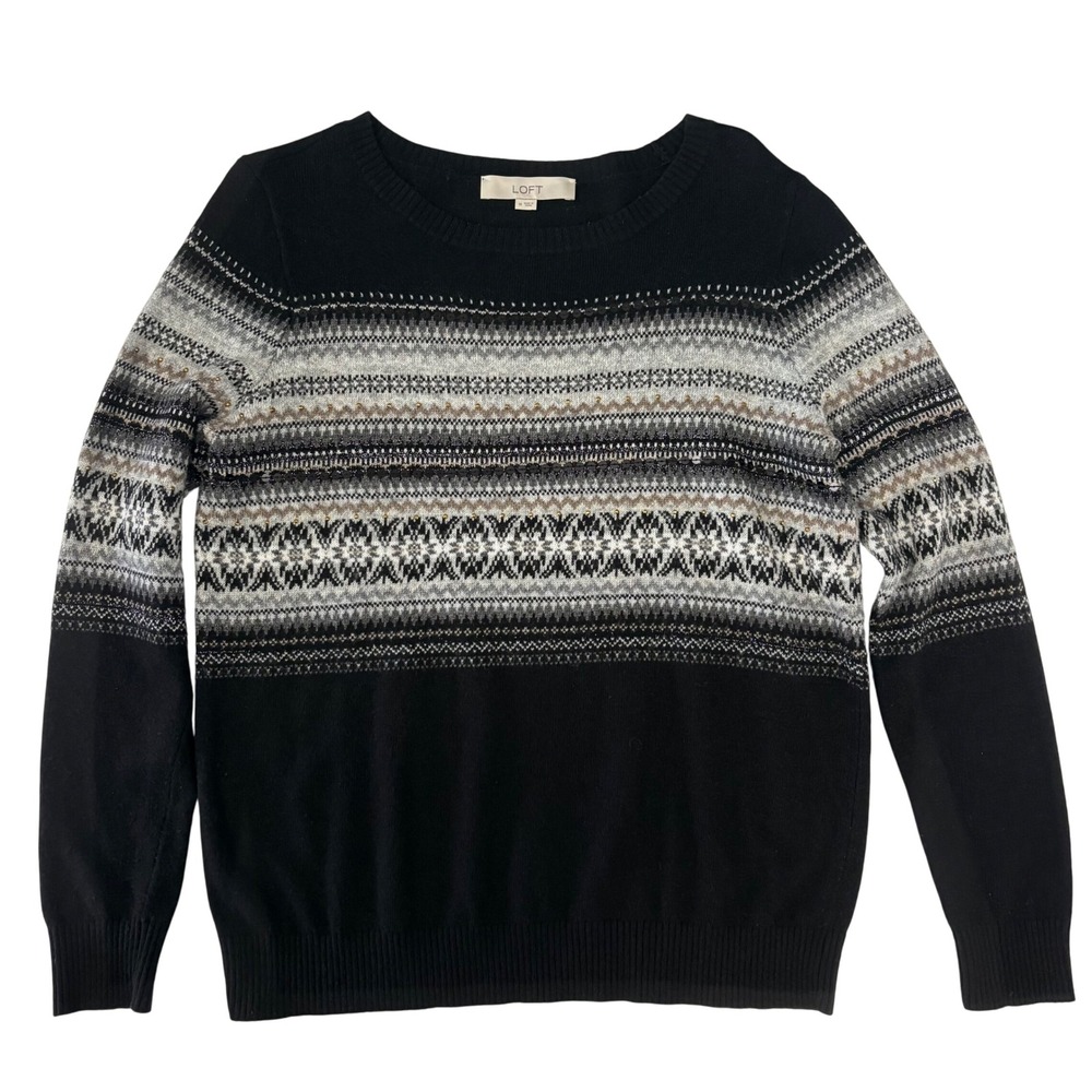 LOFT Fair Isle Wool Blend Sweater Womens M Black‎ Gray Nordic Preppy